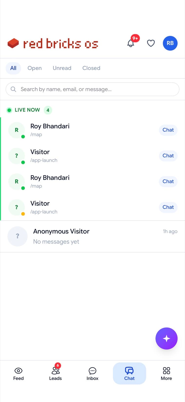 Red Bricks app, admin view — visitors browsing the site right now