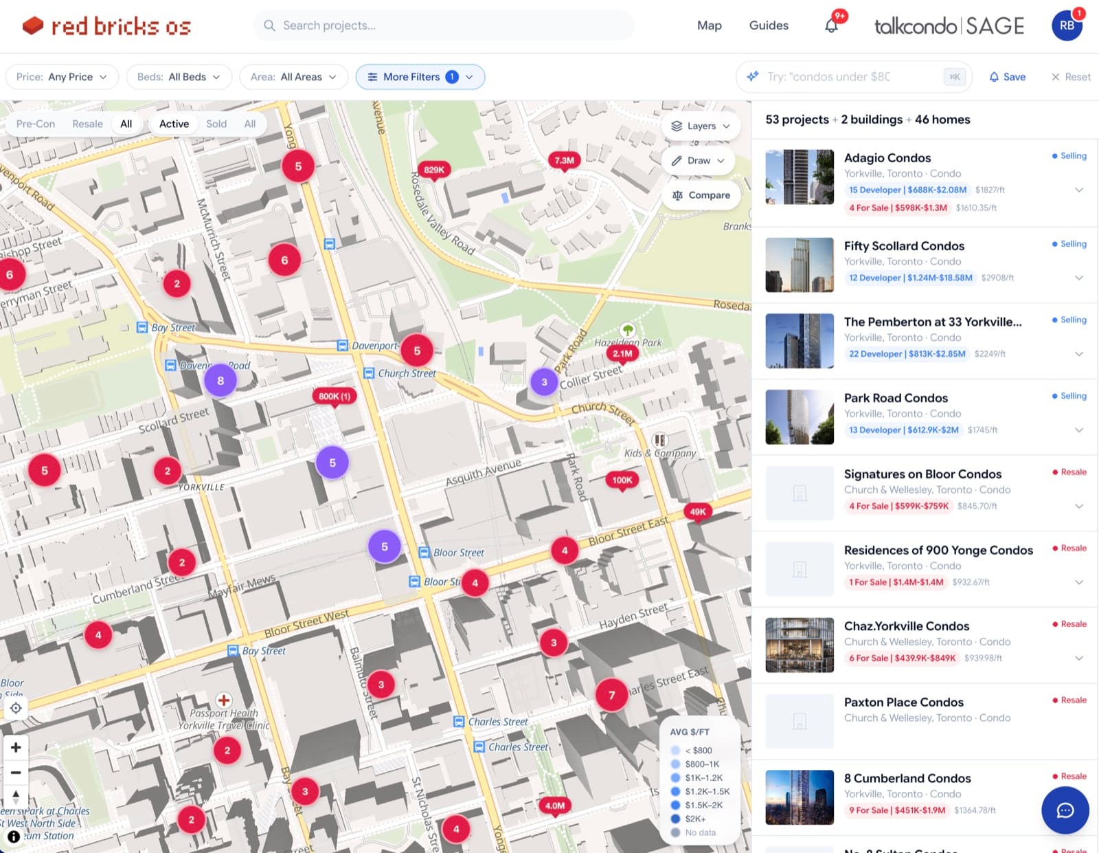 rbOS map mode — pin clusters across Yorkville with a project results panel